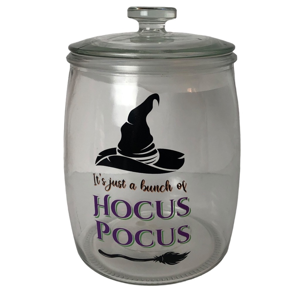 Halloween decor IT’S JUST A BUNCH OF HOCUS POCUS glass canister